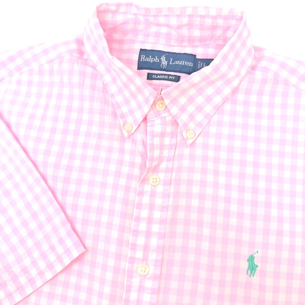 Ralph Lauren Mens Large Classic Fit Gingham Short Sleeve Button Down Shirt Pink